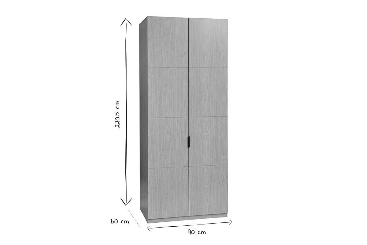 Armoire dressing noir et blanc, dimensions L90 x P60 x H220,5 cm, vue de 3/4.
