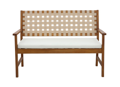 Banc de jardin en bois massif 2 places avec coussin blanc et sangles L114 cm SANTANA