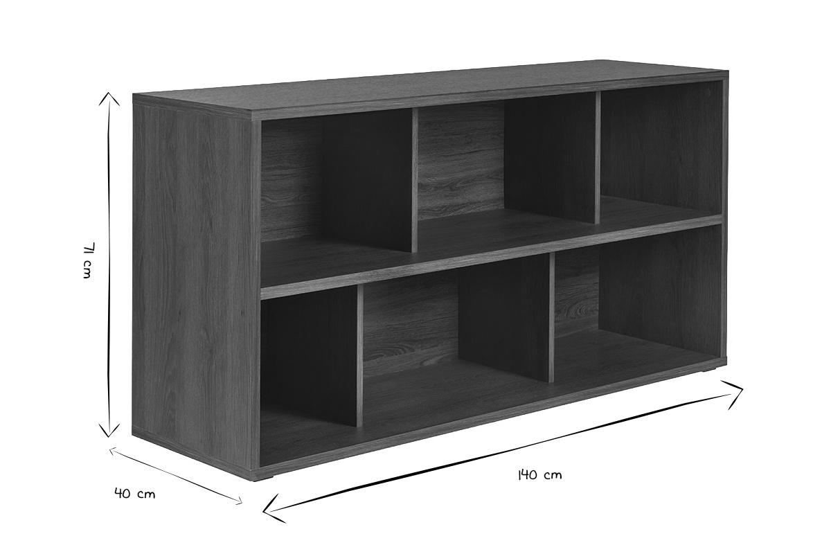 Biblioth�que basse EPURE en noir et blanc, dimensions L140 x P40 x H71 cm, vue de trois quarts.