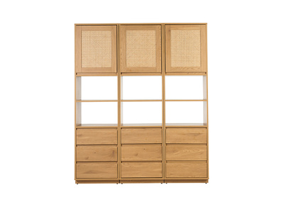 Biblioth&egrave;que &eacute;tag&egrave;re avec rangements finition bois clair ch&ecirc;ne et cannage rotin L150 cm SEVILLE