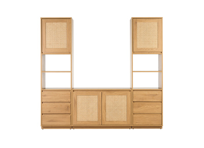 Biblioth&egrave;que &eacute;tag&egrave;re avec rangements finition bois clair ch&ecirc;ne et cannage rotin L196 cm SEVILLE