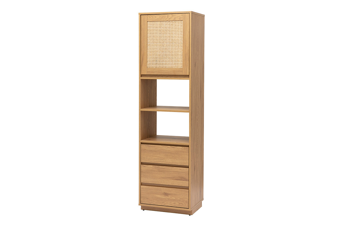 Biblioth�que �tag�re SEVILLE en bois clair ch�ne, vue de face avec trois tiroirs et �tag�res ouvertes.