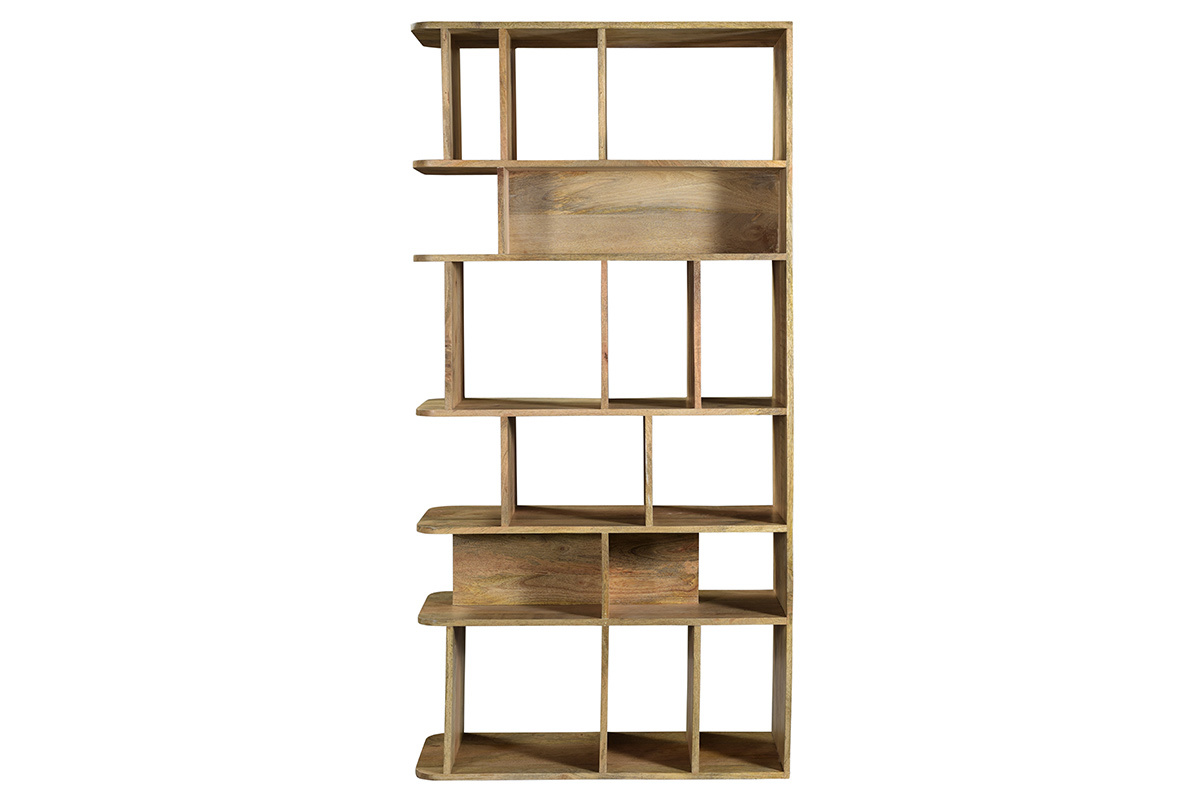 Biblioth�que en bois manguier massif avec niches de rangement vari�es, vue de dos.