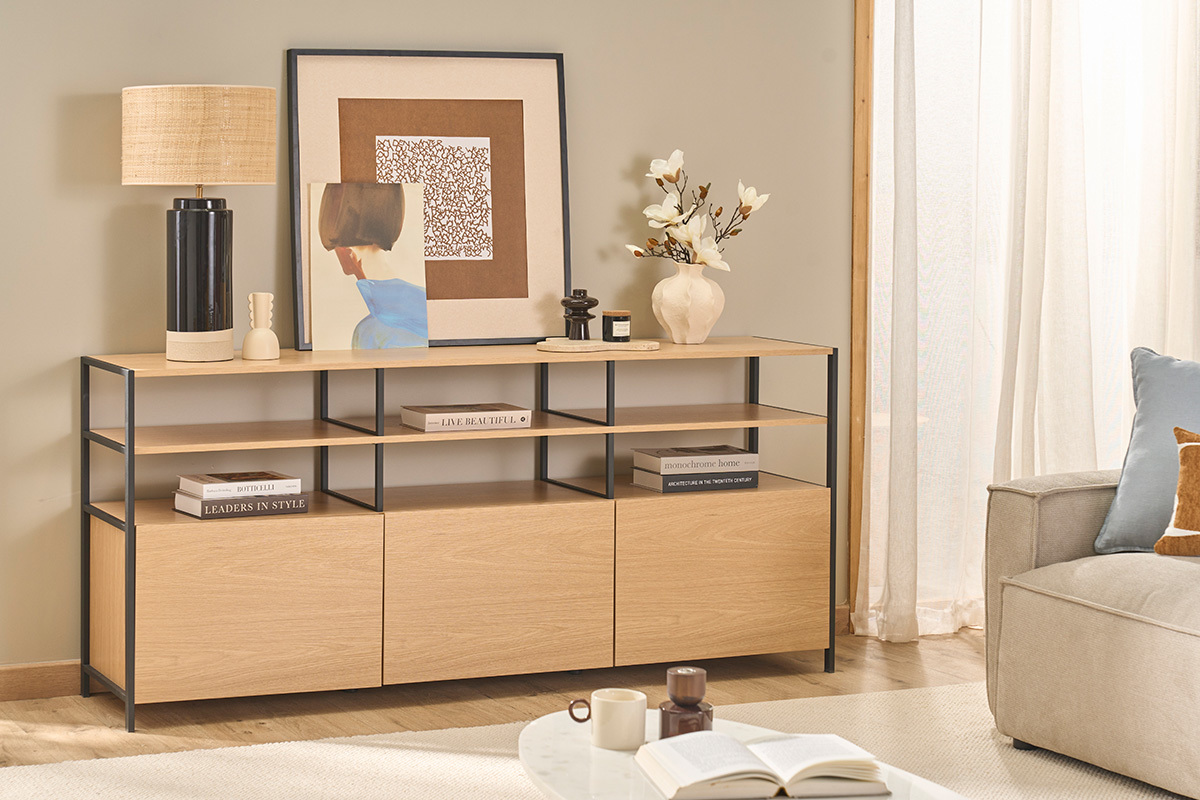 Buffet 3 portes finition bois clair ch�ne et m�tal noir L180 cm MAXENCE