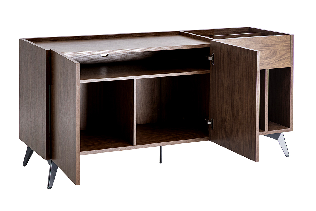 Buffet rangement vinyles, bois fonc� finition noyer, portes ouvertes, pieds m�tal noir.