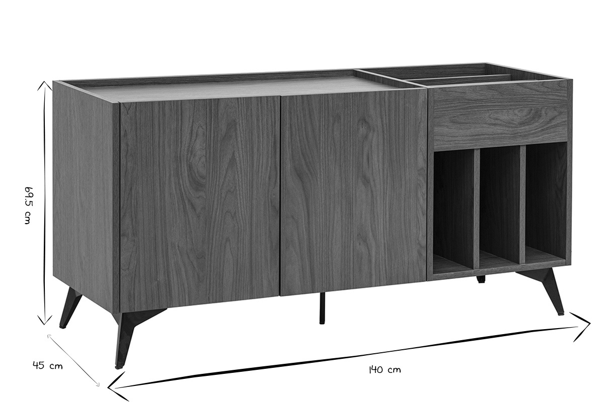 Buffet de rangement vinyles en bois fonc� avec dimensions L140 x P45 x H69,5 cm en noir et blanc, vue de face.
