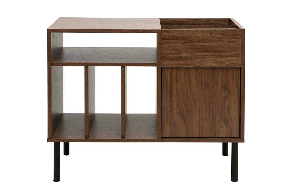 Buffet de rangement KANE en bois fonc� noyer et m�tal noir avec compartiments pour vinyles.