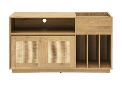 Buffet de rangement vinyles finition bois clair ch&ecirc;ne et cannage rotin L130 cm ALICANTE