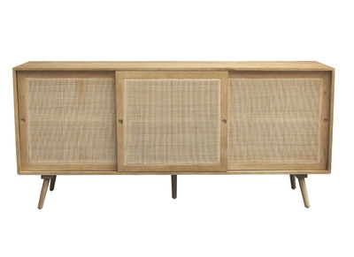 Buffet en bois manguier massif et cannage rotin 3 portes coulissantes L180 cm ACANGE