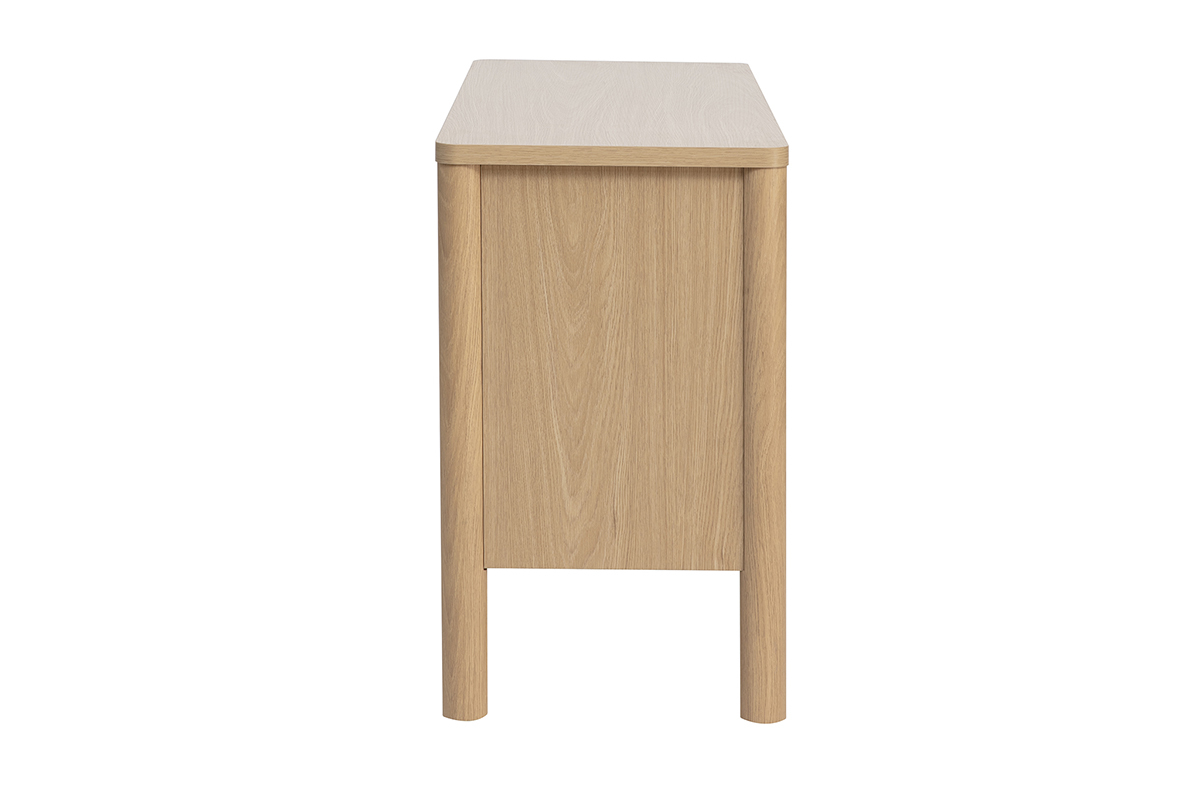 Buffet IZZIE finition bois clair ch�ne, vue de profil, avec pieds cylindriques en bois massif.
