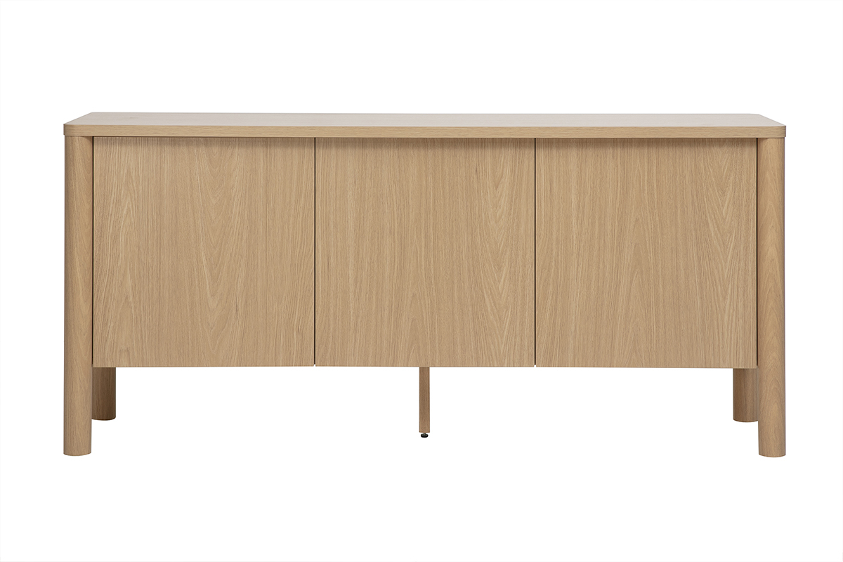 Buffet en bois clair ch�ne avec 3 portes et pieds ronds, vue de face.