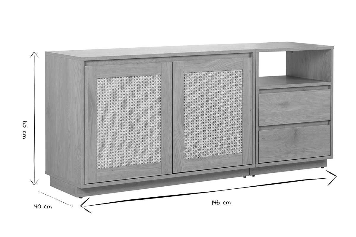 Buffet Seville avec dimensions 146x40x65 cm en noir et blanc, 2 portes et 2 tiroirs visibles.