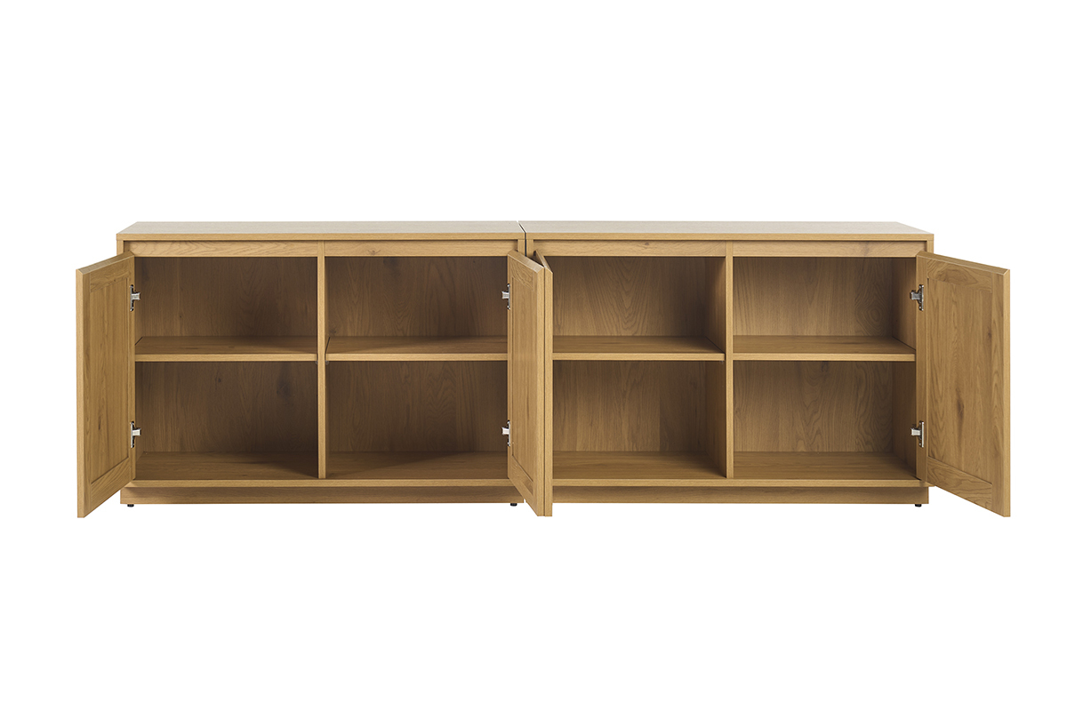 Buffet en bois clair avec 4 portes ouvertes, vue frontale.