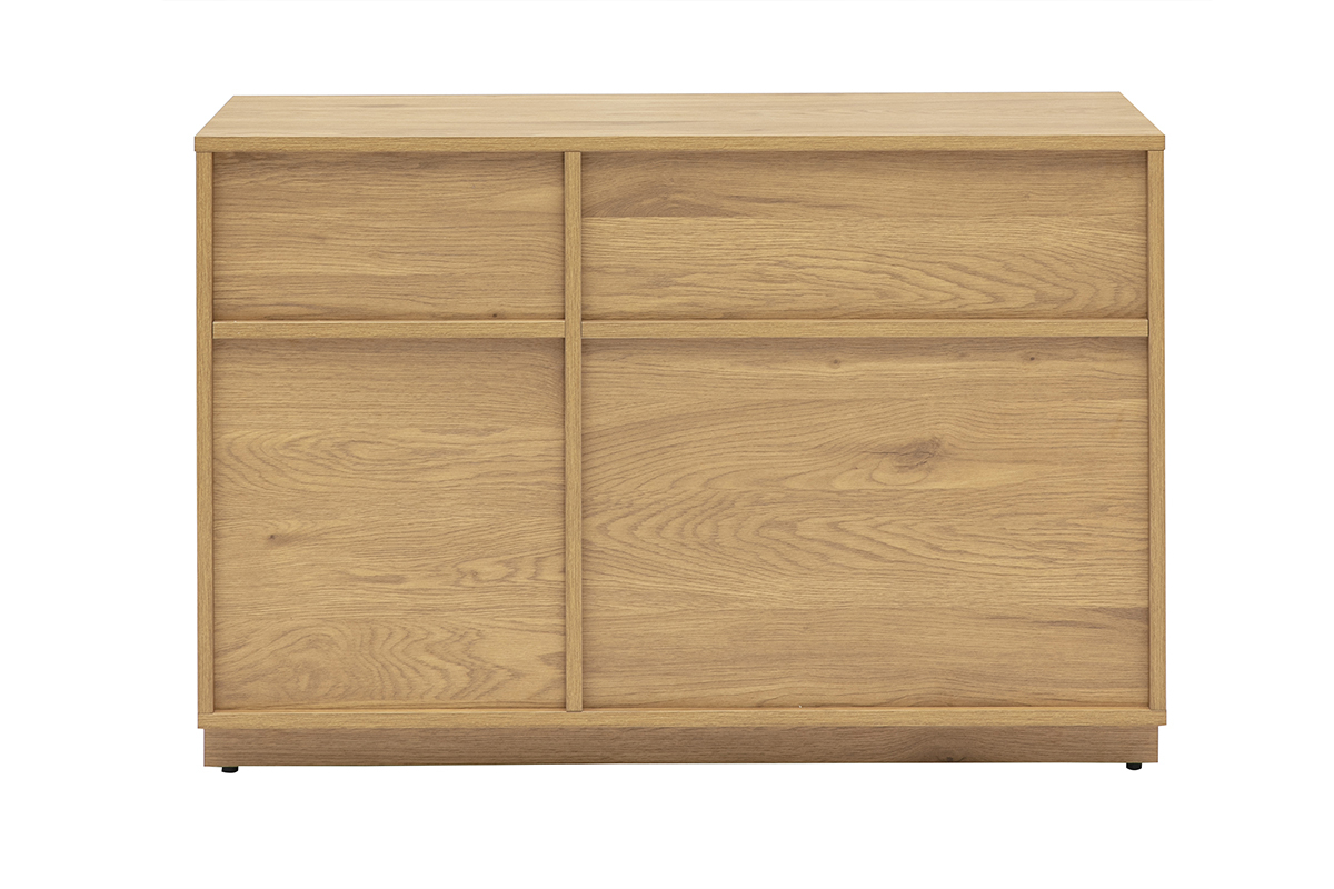Buffet en bois clair ch�ne SEVILLE, vue de dos, avec rangements ouverts et lignes droites.