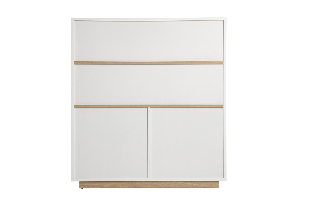 Buffet scandinave blanc avec finitions en bois clair, vue de dos.