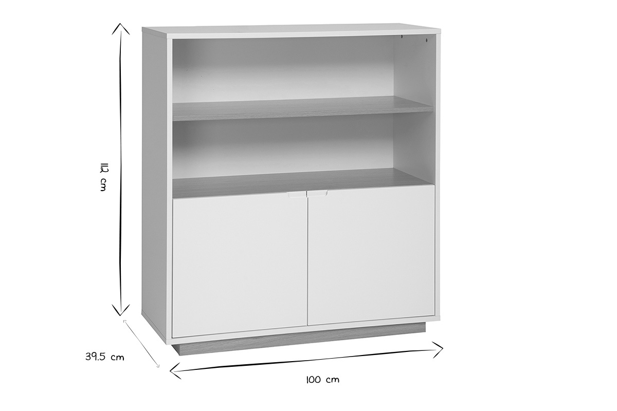 Dimensions du buffet scandinave : L100 cm, P39,5 cm, H112 cm en noir et blanc.