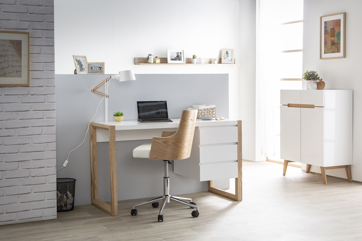 Buffet scandinave blanc laqu� brillant et finition bois clair 2 portes 2 tiroirs L80 cm MELKA