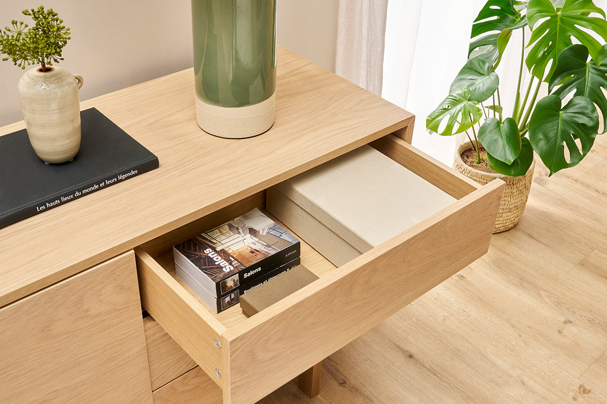 Buffet scandinave en bois clair 2 portes 3 tiroirs L195cm SID