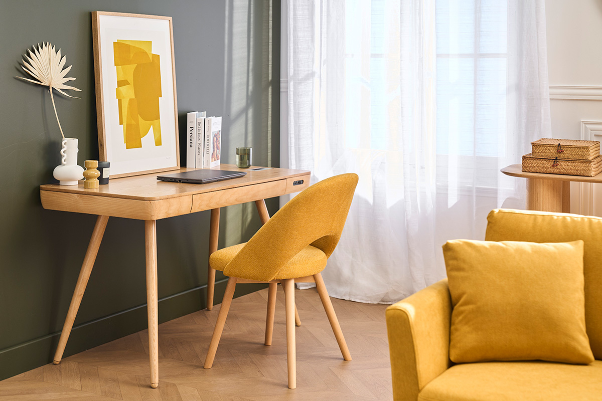 Bureau connect� multim�dia  avec tiroir bois clair massif L120 cm CLEVER