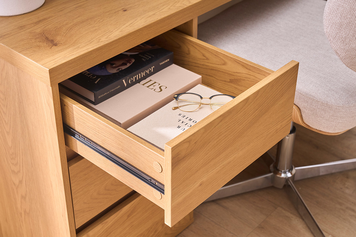 Bureau modulable avec rangements finition bois clair ch�ne L153-269 cm MELVIN