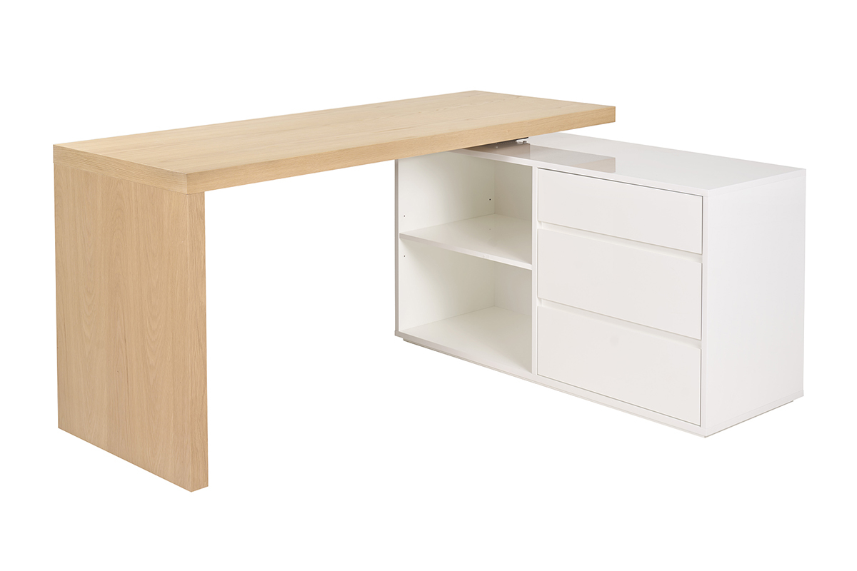 Bureau modulable blanc et bois clair avec rangements vue de c�t�