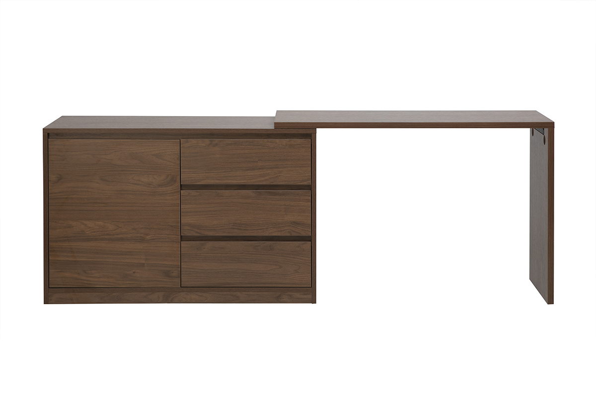 Bureau modulable en bois fonc� noyer, vue de face avec extensions d�ploy�es.