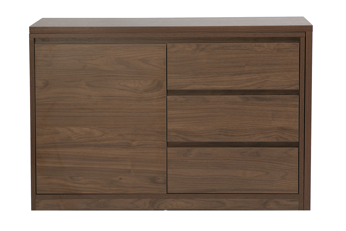 Bureau modulable finition bois fonc� noyer, vue de face avec tiroirs et porte ouverte