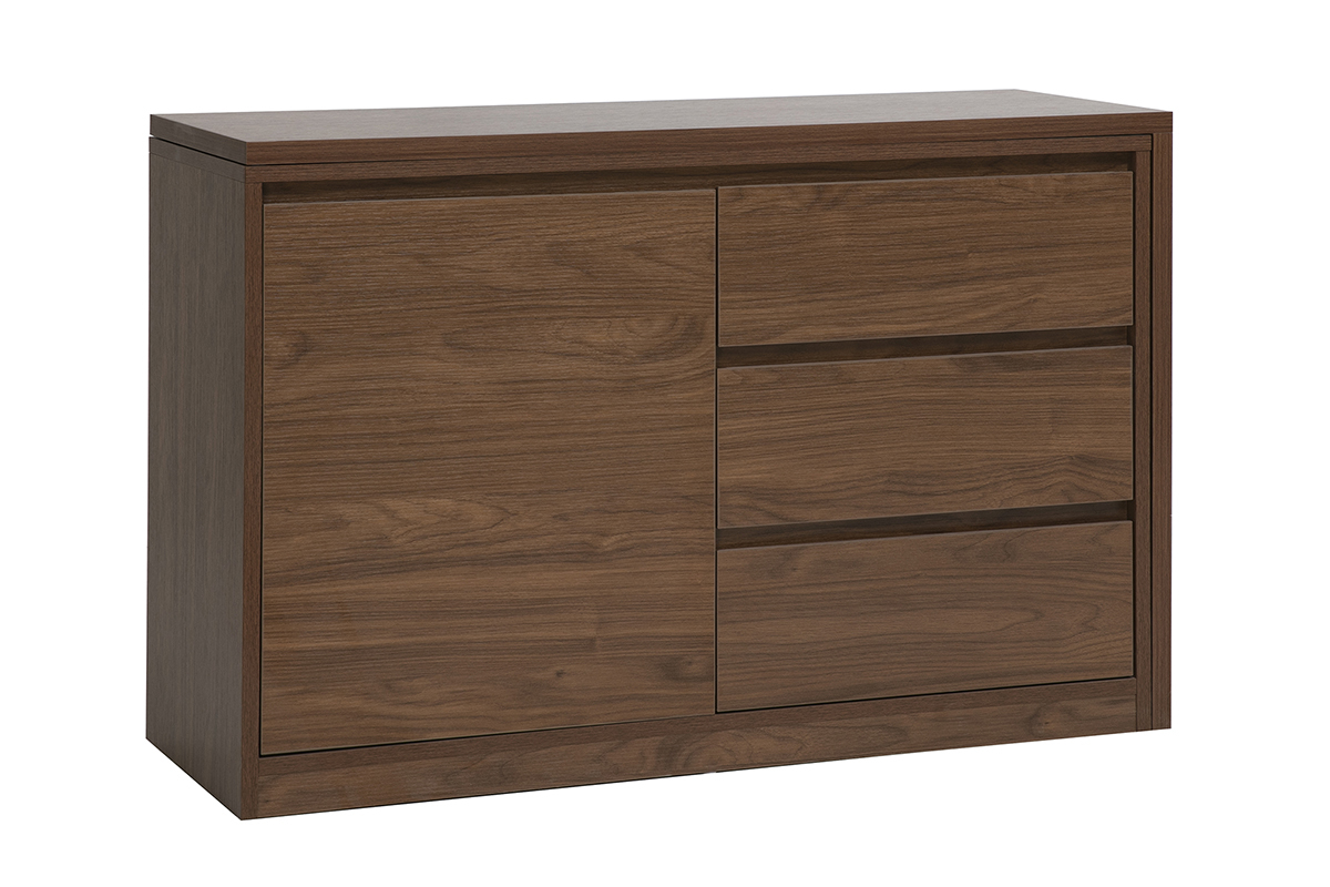 Bureau modulable en bois fonc� noyer, vue de 3/4, 2 portes et 3 tiroirs