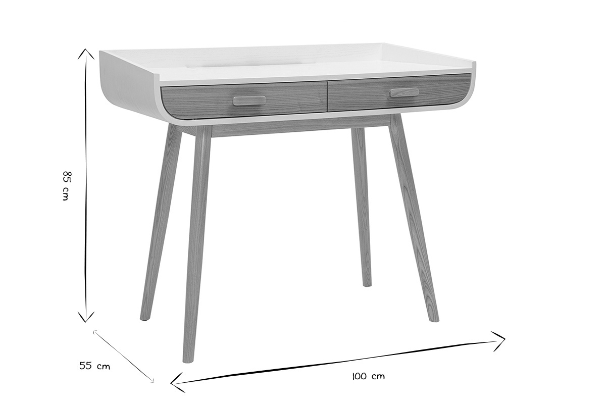 Bureau scandinave blanc et bois clair avec rangements 2 tiroirs L100 cm HALLEN