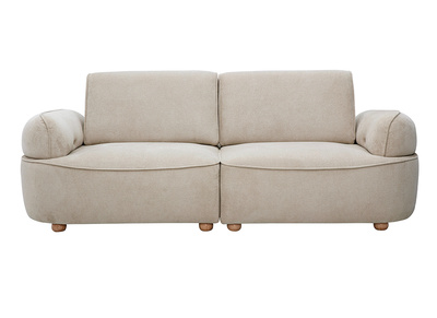 Canap&eacute; 3 places &eacute;lectrique avance-recule en tissu chenille beige et bois clair OTIS