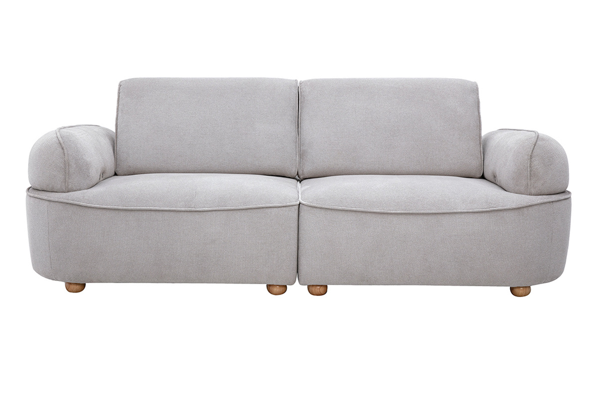 Canap� 3 places �lectrique en tissu chenille gris, vue de face, pieds en bois clair.