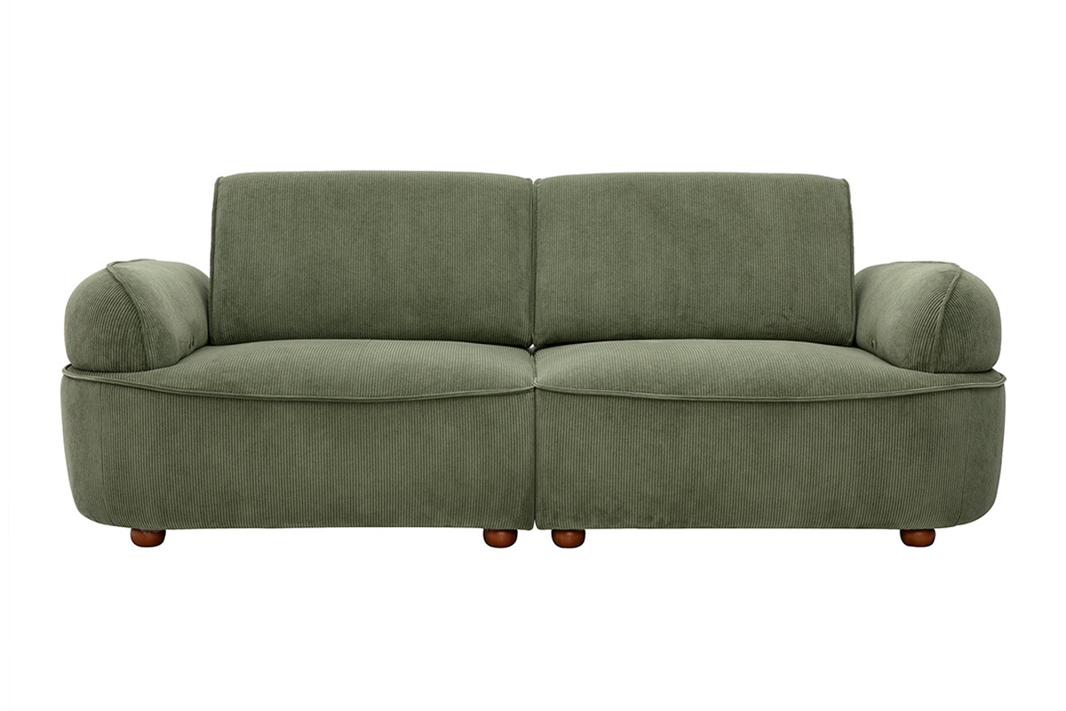 Canap� 3 places �lectrique en tissu velours c�tel� vert kaki avec accoudoirs arrondis, vue de face.