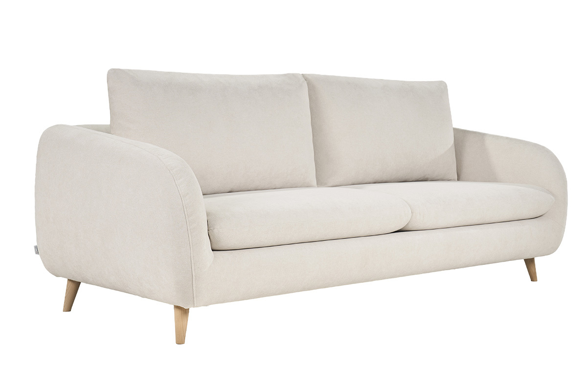 Canap� convertible 3-4 places en tissu effet velours beige, vue de 3/4.
