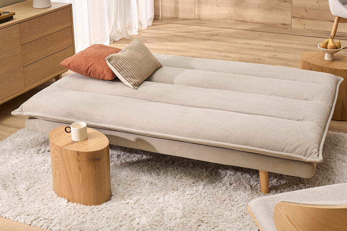 Canap� convertible 3 places en tissu chenille beige et bois clair BINGO