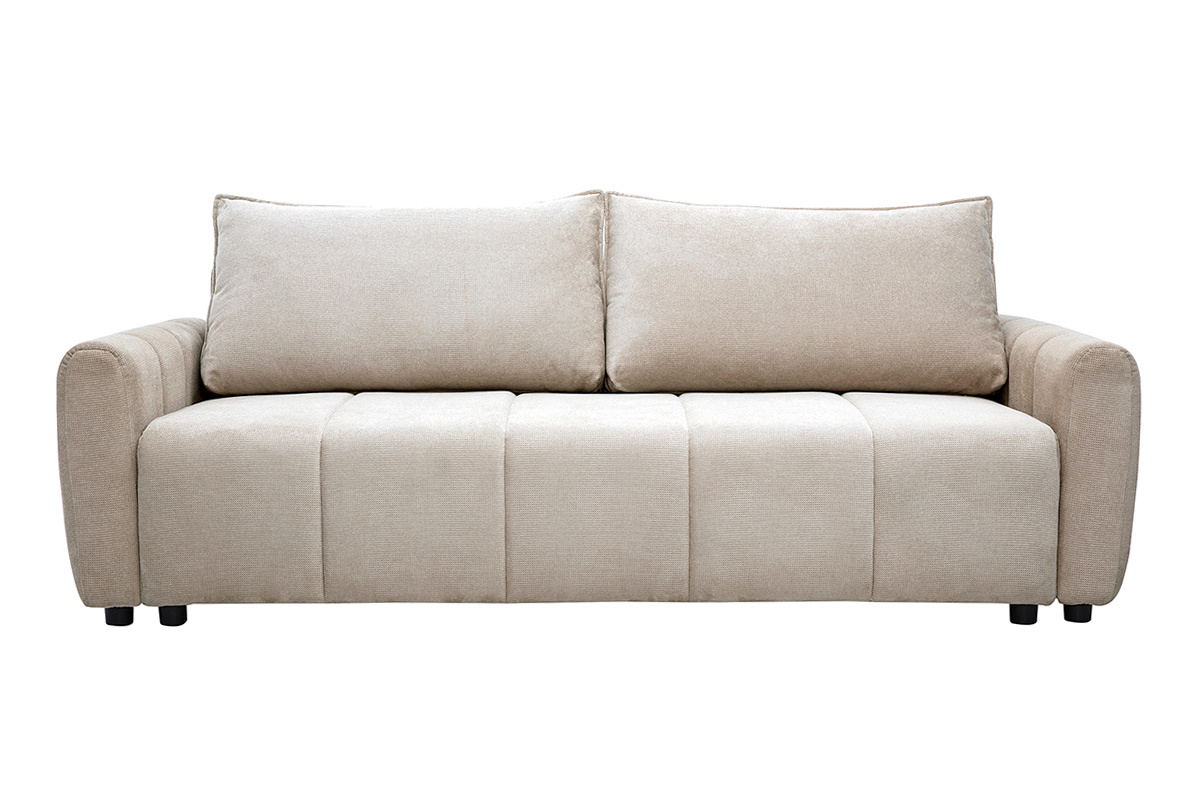 Canap� convertible 3 places FOLDY en tissu chenille beige, vue de face avec coussins.