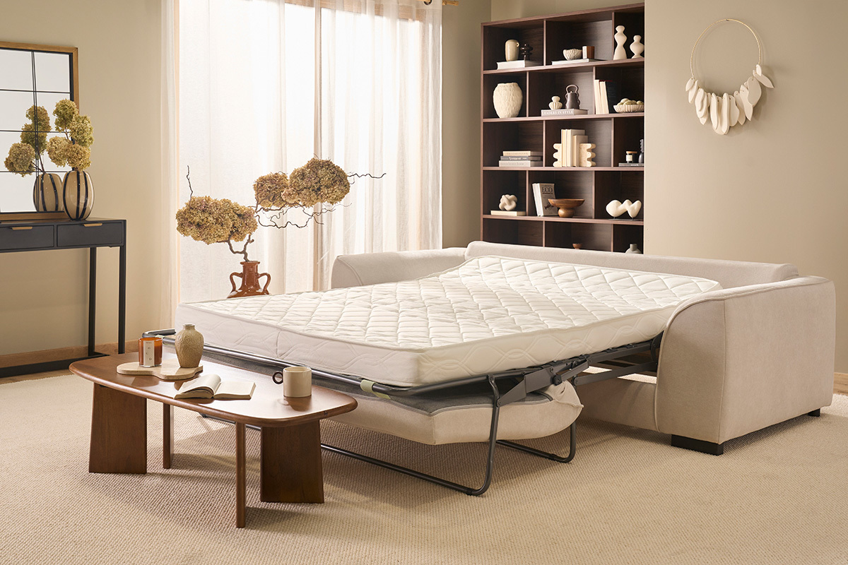 Canap� convertible 3 places en tissu effet velours beige avec matelas 12 cm ARMAND