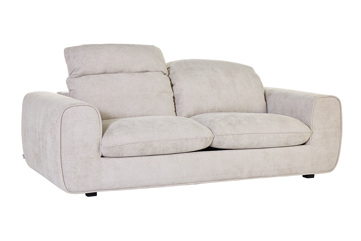 Canap� convertible 3 places beige en velours chenille avec t�ti�res ajustables, vue de 3/4.