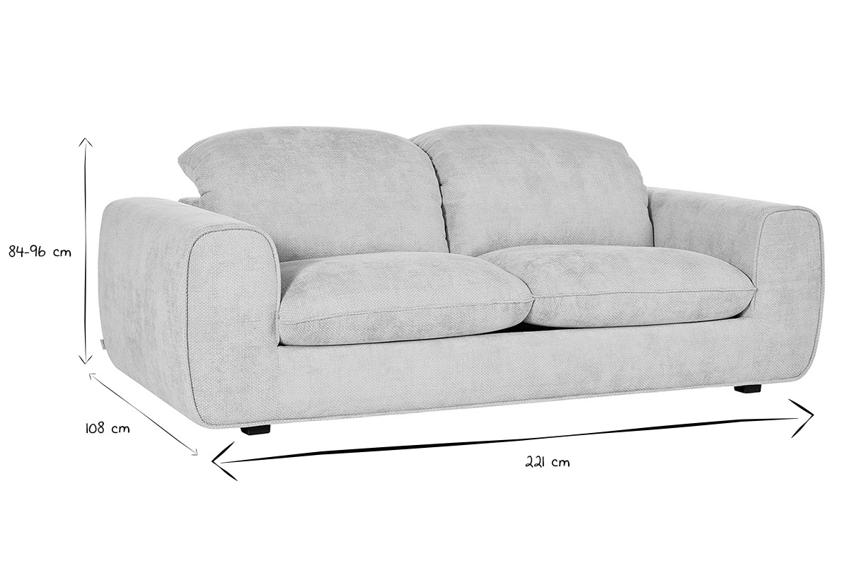 Canap� convertible beige, dimensions L221 x P108 x H84-96 cm, en noir et blanc, vue de face.