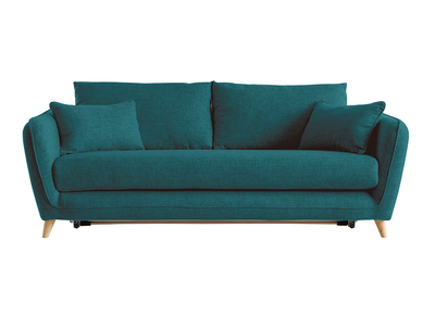 Canap&eacute; convertible scandinave 3 places en tissu bleu paon et bois clair avec matelas 10 cm CREEP