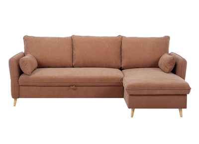 Canap&eacute; d'angle convertible r&eacute;versible avec coffre 3-4 places en tissu effet velours terre br&ucirc;l&eacute;e et bois clair DRISS