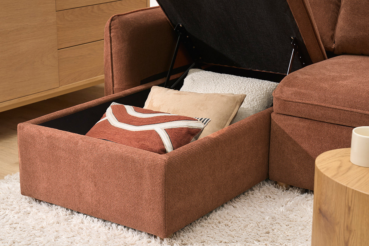 Canap� d'angle convertible r�versible avec coffre 3 places en tissu chenille terre br�l�e et bois clair ORSO
