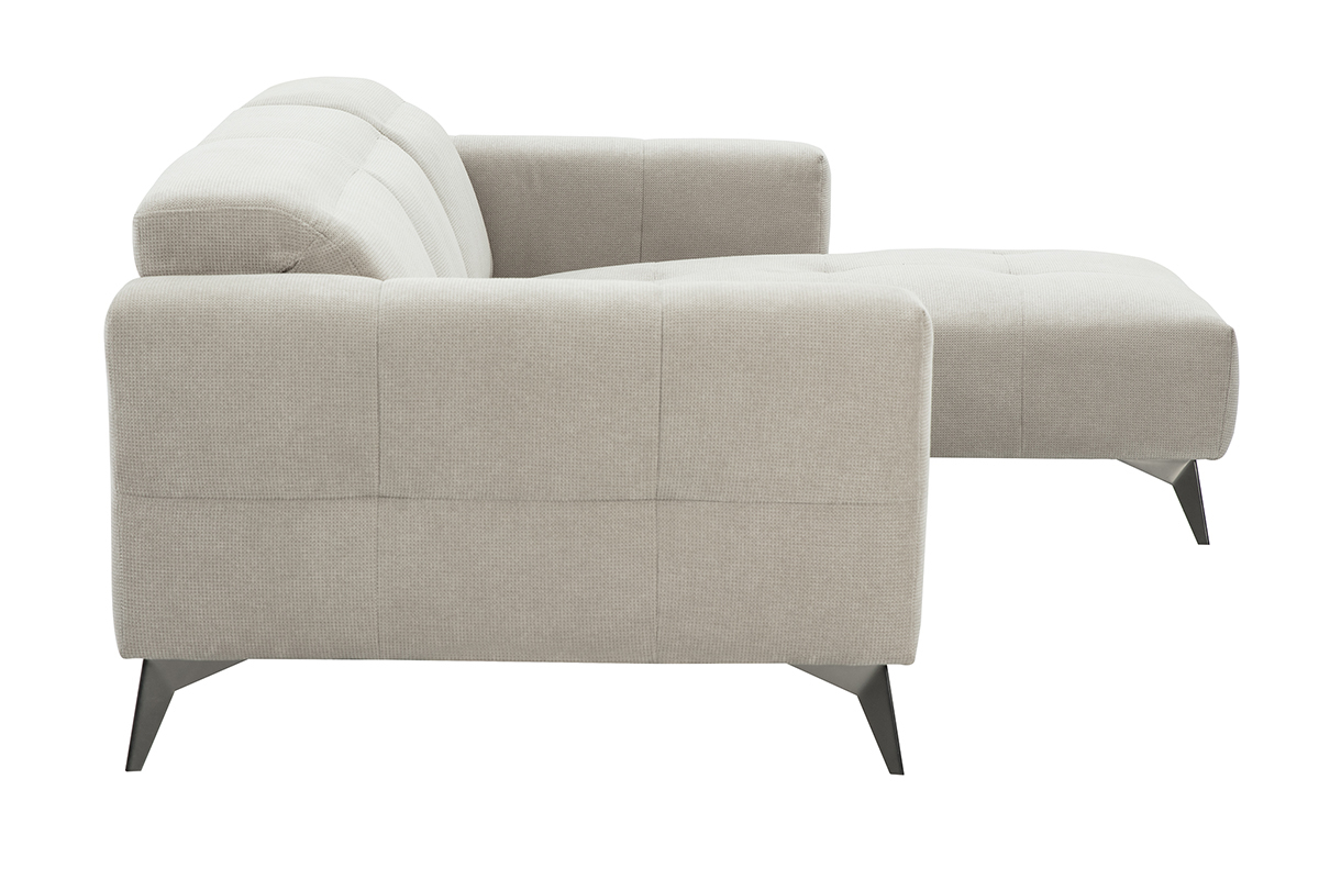 Canap� d'angle droit beige, tissu chenille et pieds m�tal, vue de c�t�.