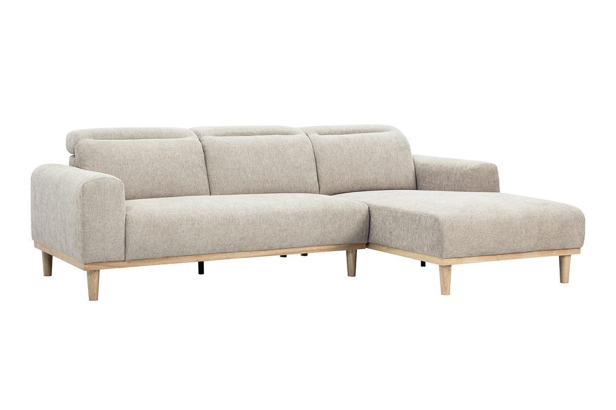 Canap� d'angle droit 3 places en tissu beige et bois clair, vue de 3/4.
