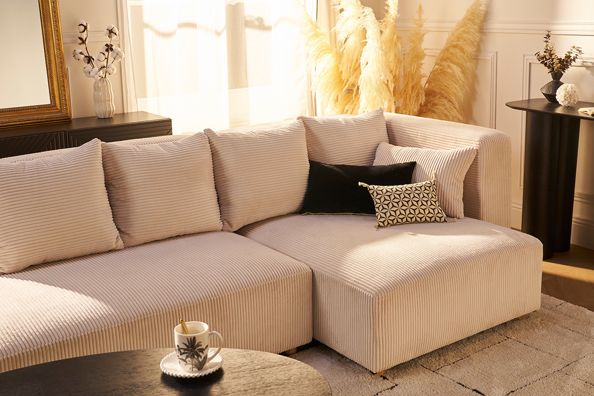 Canap� d'angle droit 3 places en tissu velours c�tel� beige et bois clair HARLEM
