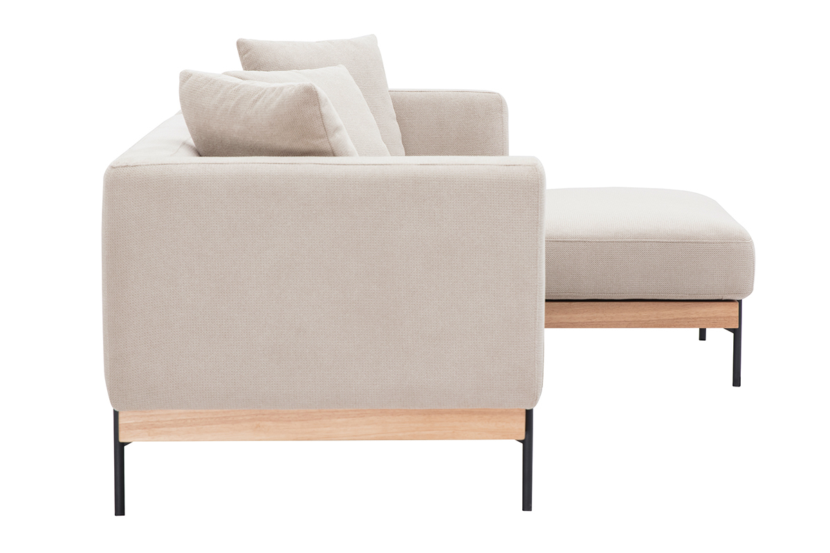 Canap� d'angle droit beige en tissu chenille, vue de c�t�, pieds en m�tal noir.