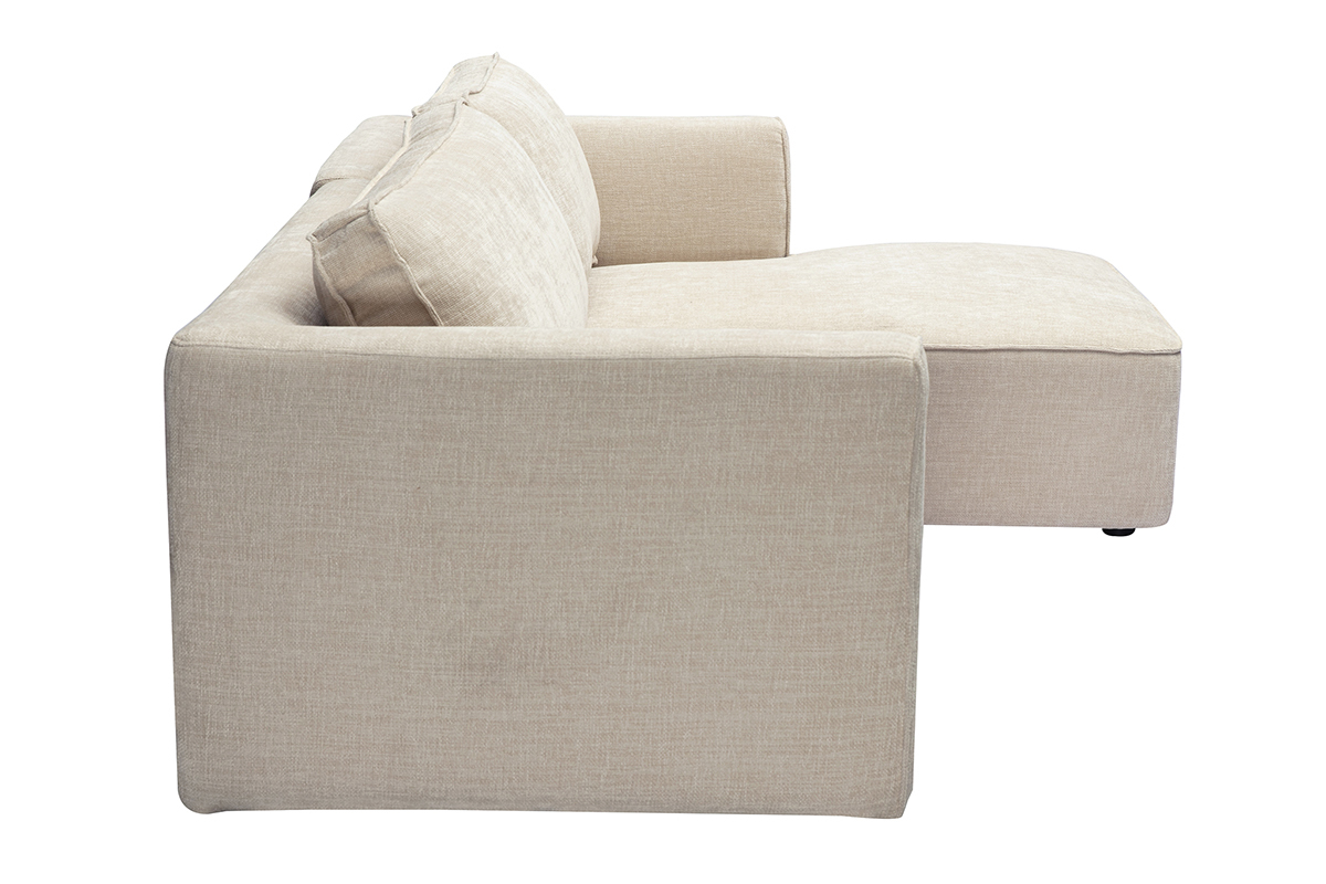 Canap� d'angle droit beige 3 places en tissu effet velours, vue de c�t�.