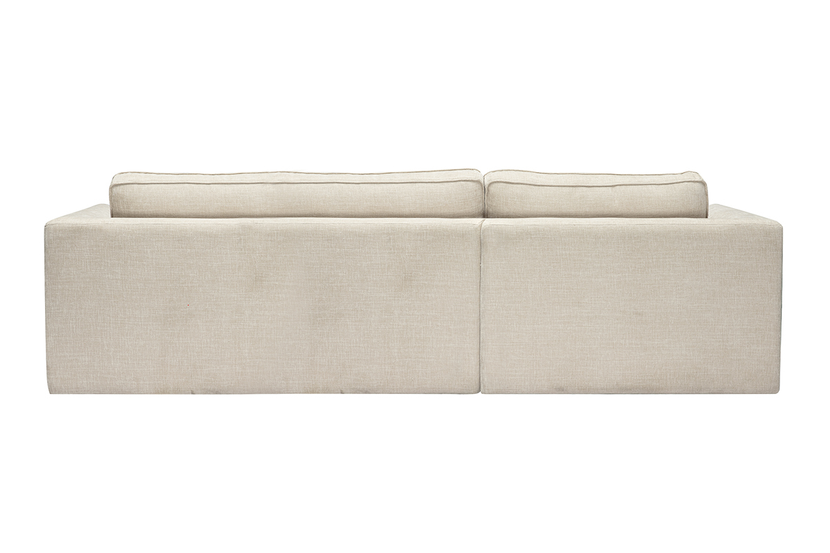 Canap� d'angle droit beige en tissu effet velours, vue de dos.