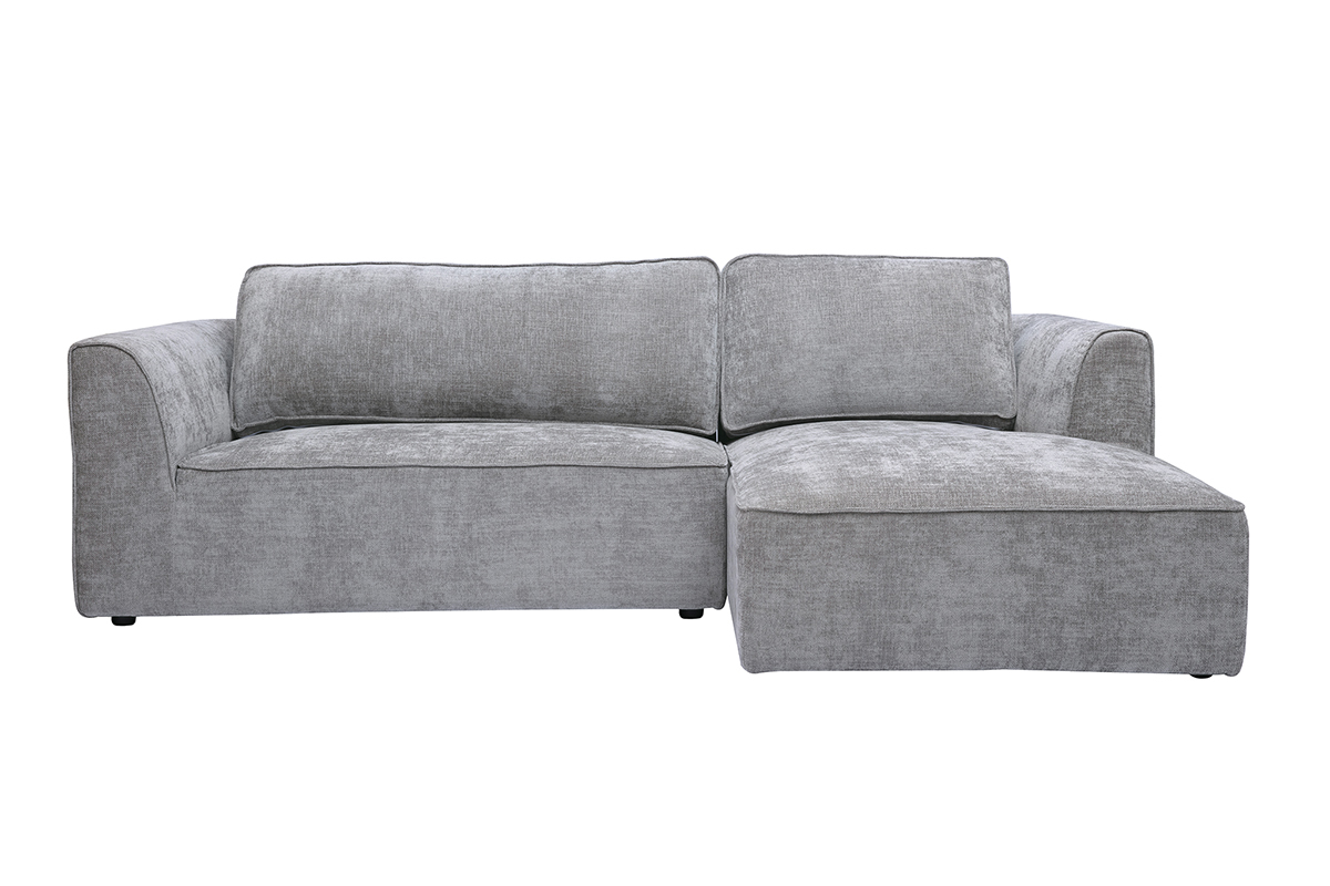 Canap� d'angle droit en tissu effet velours gris, vue de face.