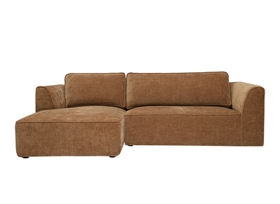 Canap&eacute; d'angle gauche design en tissu effet velours textur&eacute; terre br&ucirc;l&eacute;e 3 places GRAMMY