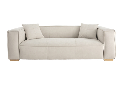 Canap&eacute; design 3 places en tissu effet velours beige naturel et bois clair COBAIN
